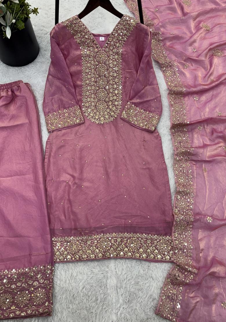 Pink Embroidery Silk Kurta Set - Indya