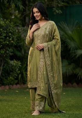 Mehendi Embroidery Silk Kurta Set