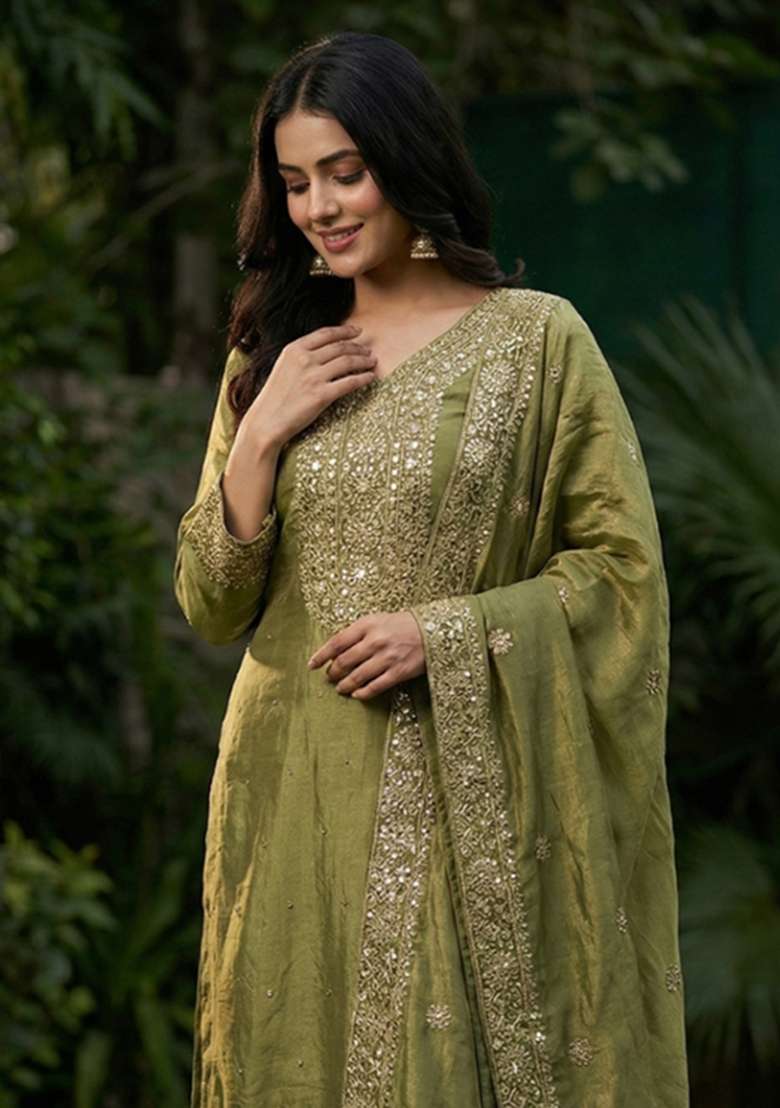 Mehendi Embroidery Silk Kurta Set - Indya