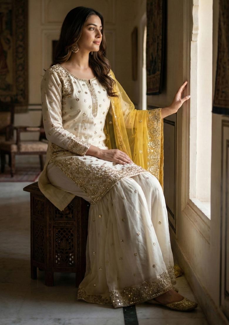 White Embroidery Silk Kurta Set - Indya