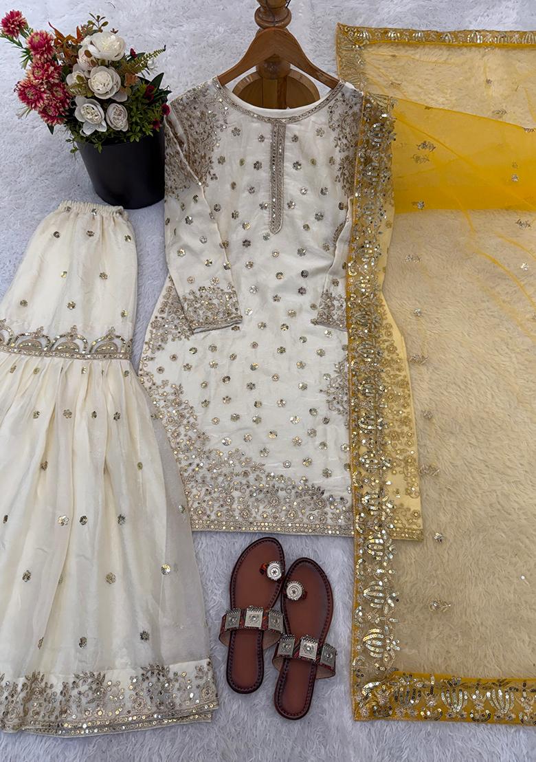 White Embroidery Silk Kurta Set - Indya