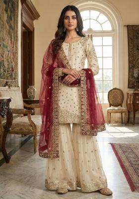White Embroidery Silk Kurta Set