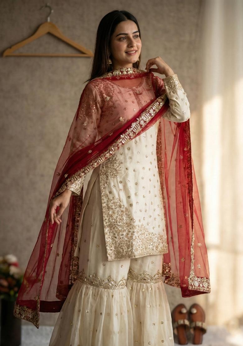 White Embroidery Silk Kurta Set - Indya
