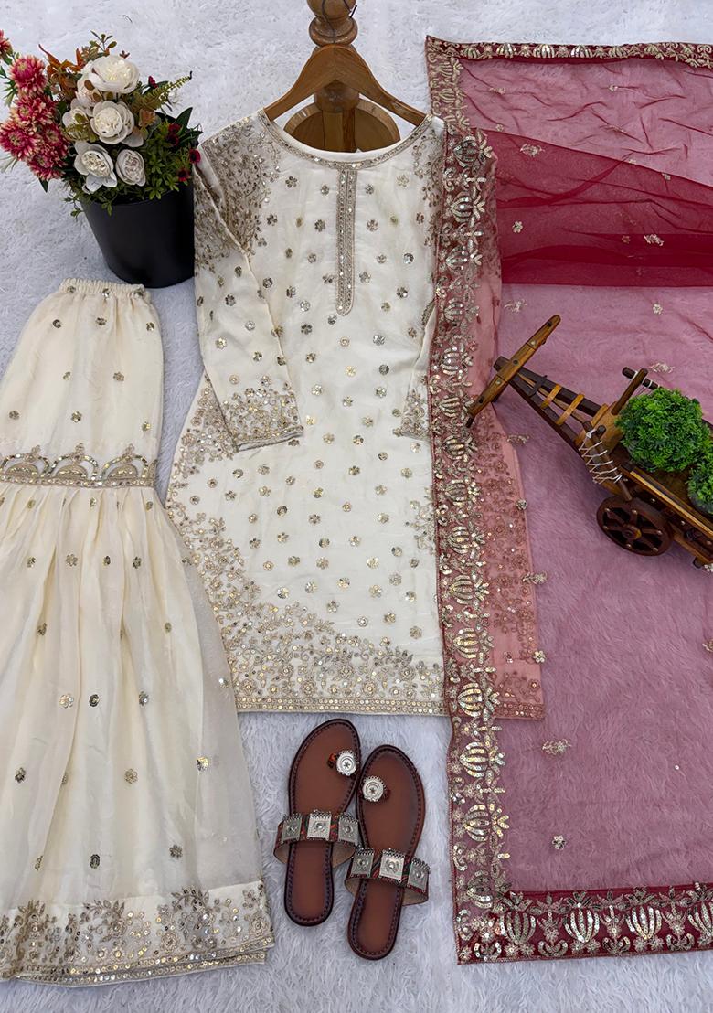 White Embroidery Silk Kurta Set - Indya