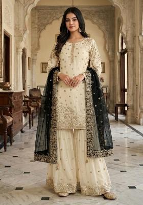 White Embroidery Silk Kurta Set