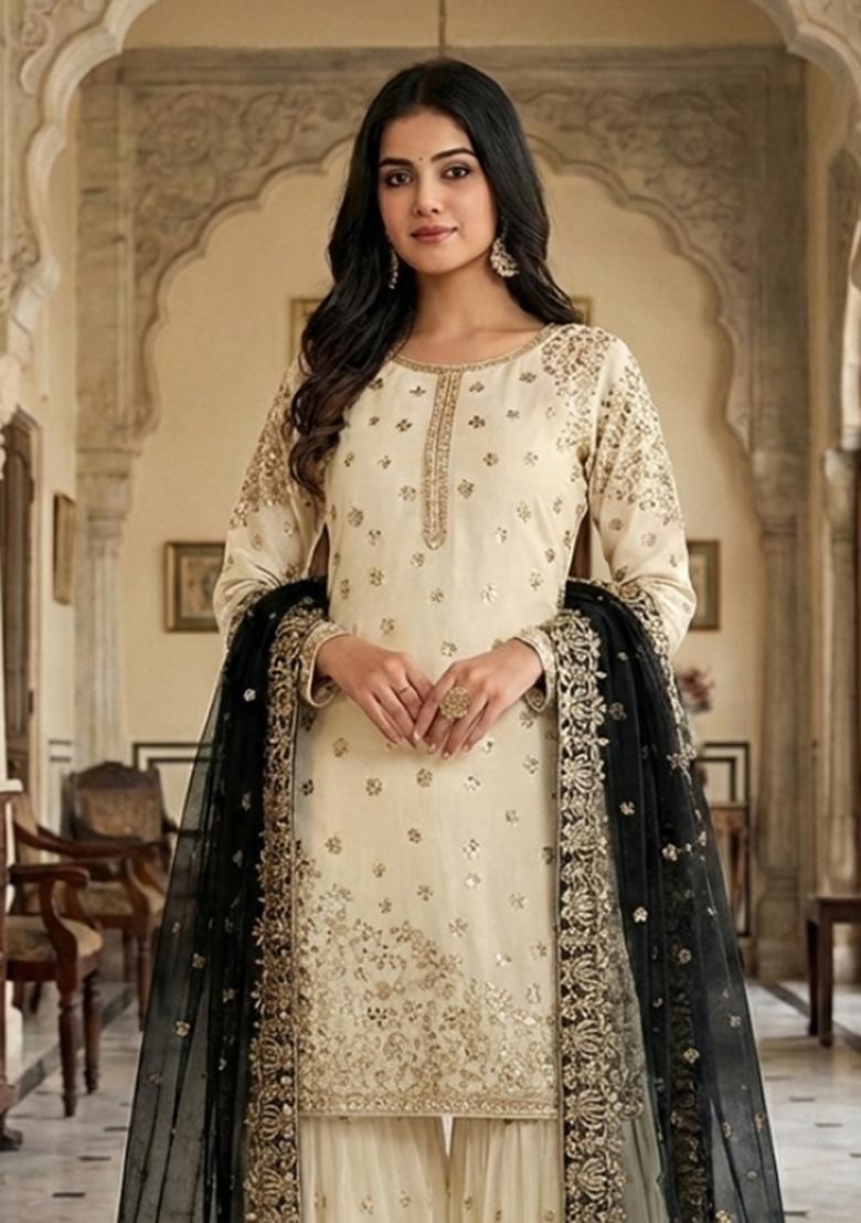 White Embroidery Silk Kurta Set - Indya