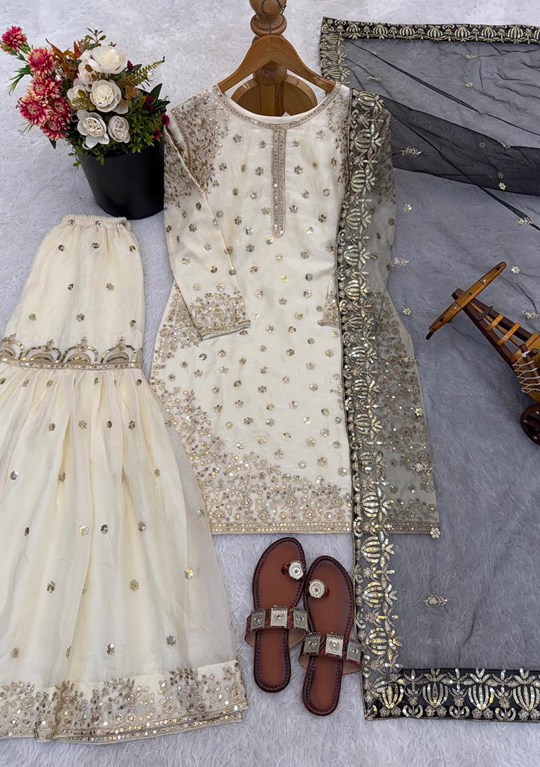 White Embroidery Silk Kurta Set - Indya