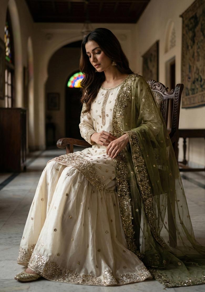 White Embroidery Silk Kurta Set - Indya