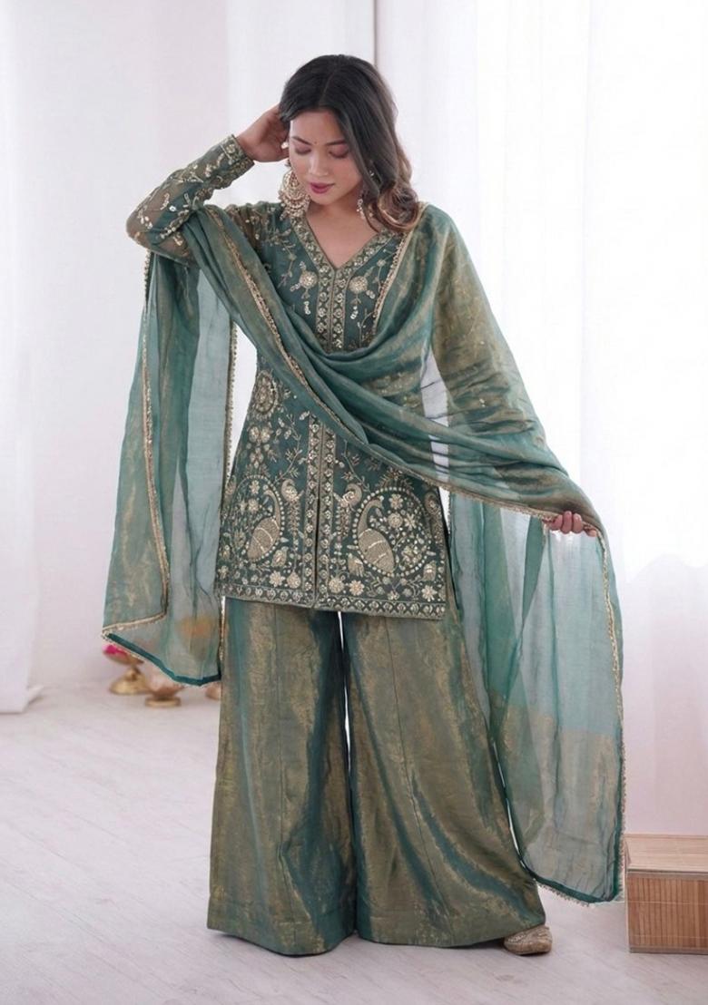 Blue Embroidery Silk Kurta Set - Indya