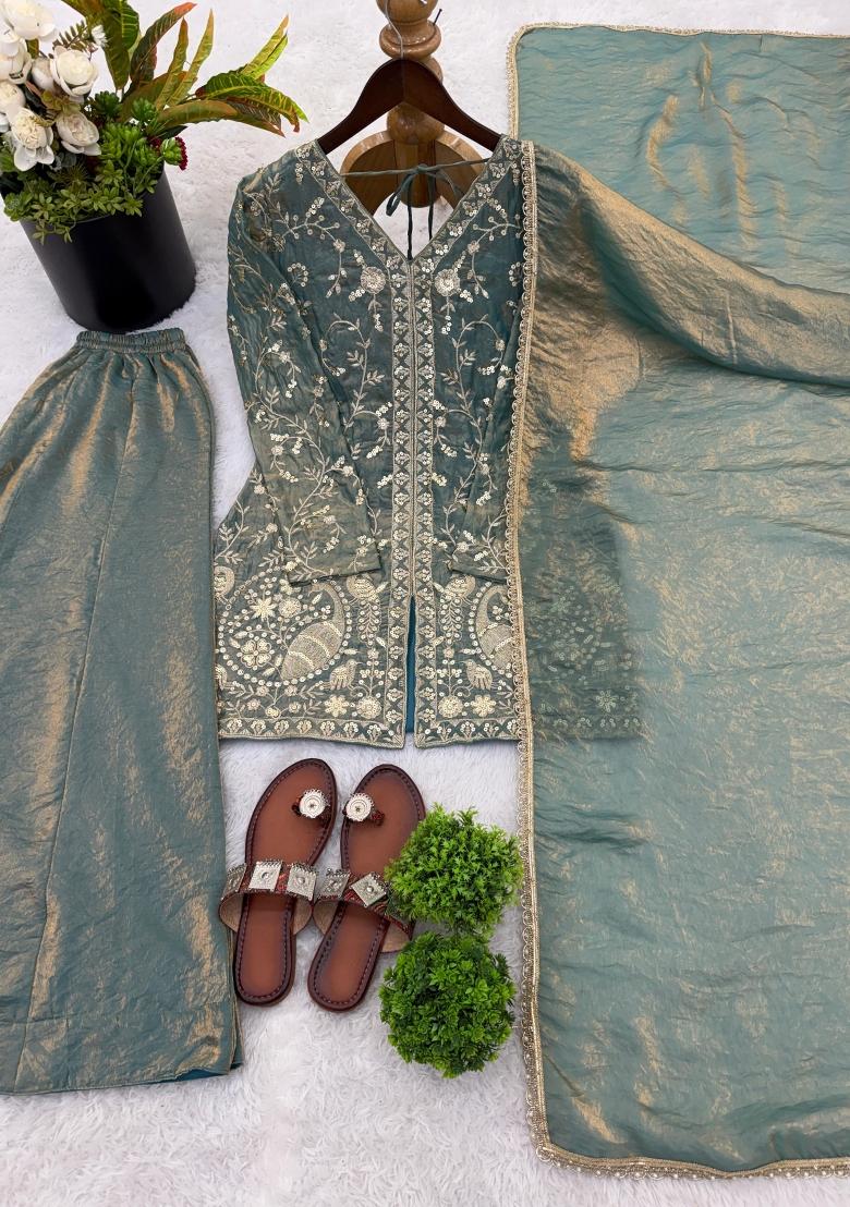 Blue Embroidery Silk Kurta Set - Indya