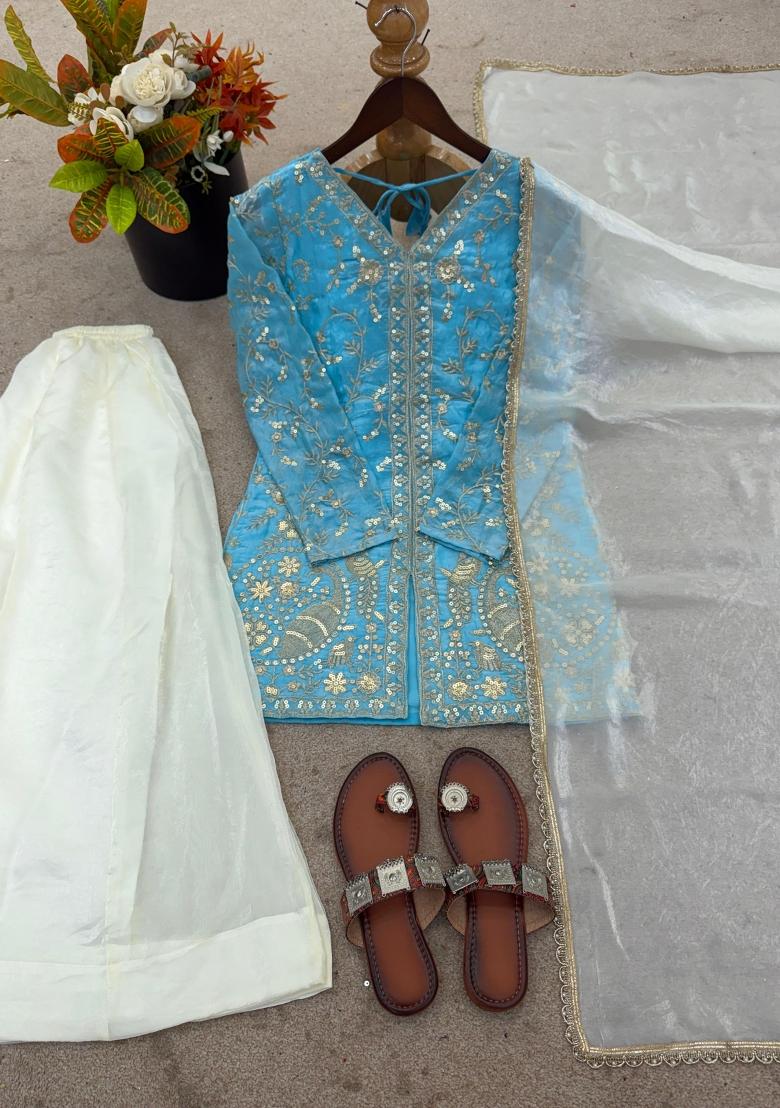 Sky Blue Embroidery Silk Kurta Set - Indya