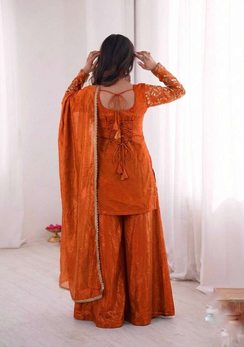 Orange Embroidery Silk Kurta Set - Indya
