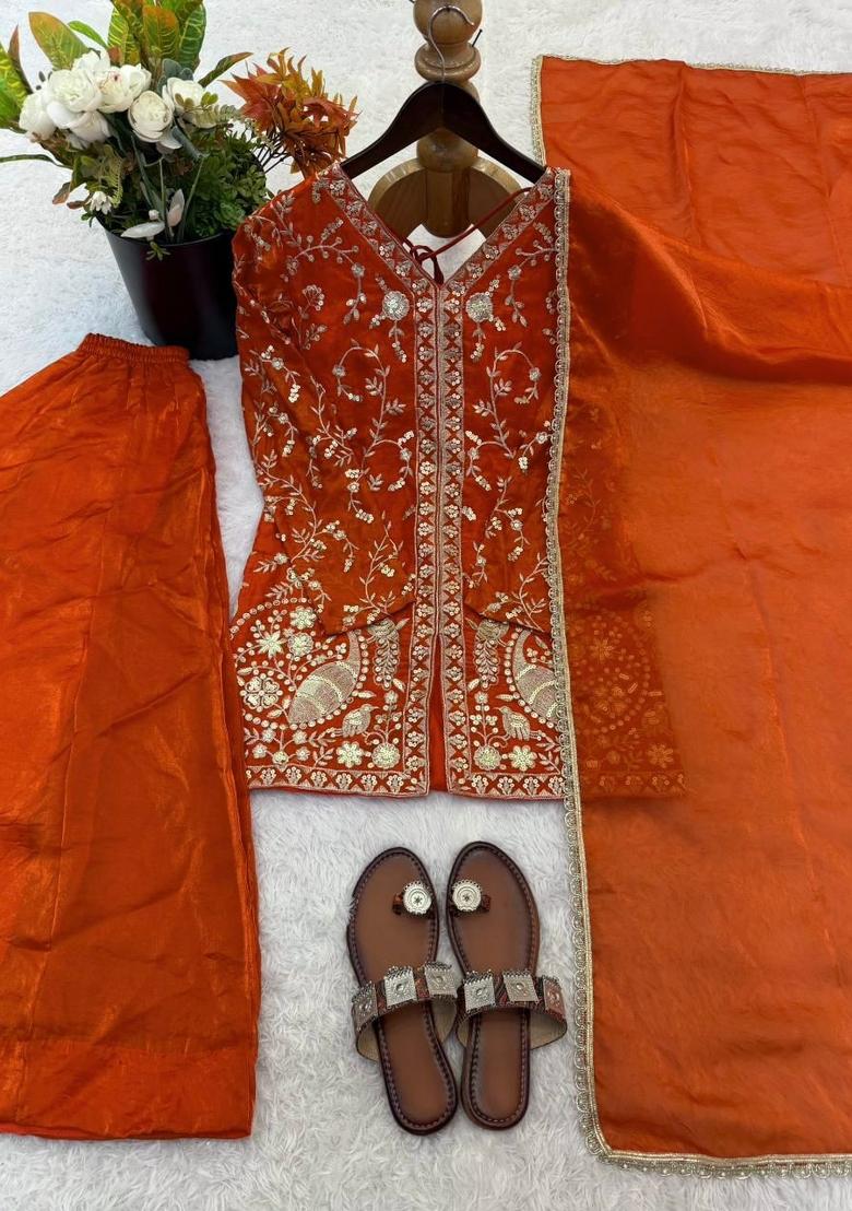 Orange Embroidery Silk Kurta Set - Indya