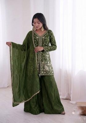 Dark Green Embroidery Silk Kurta Set