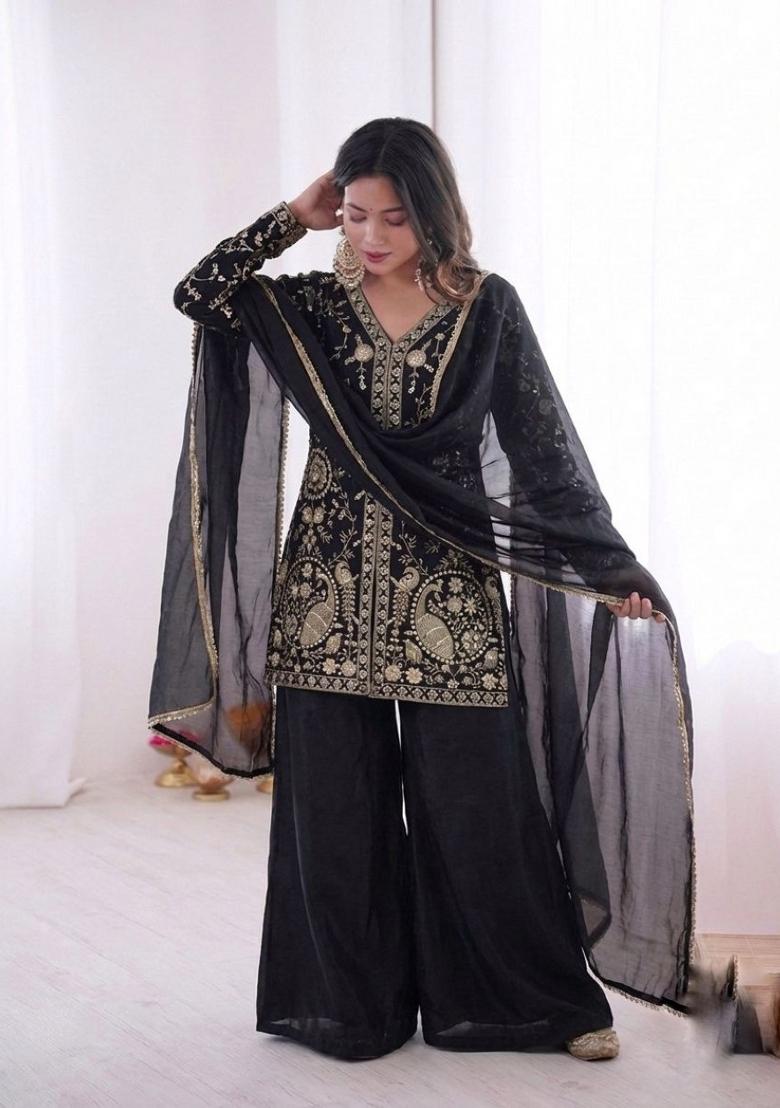 Black Embroidery Silk Kurta Set - Indya