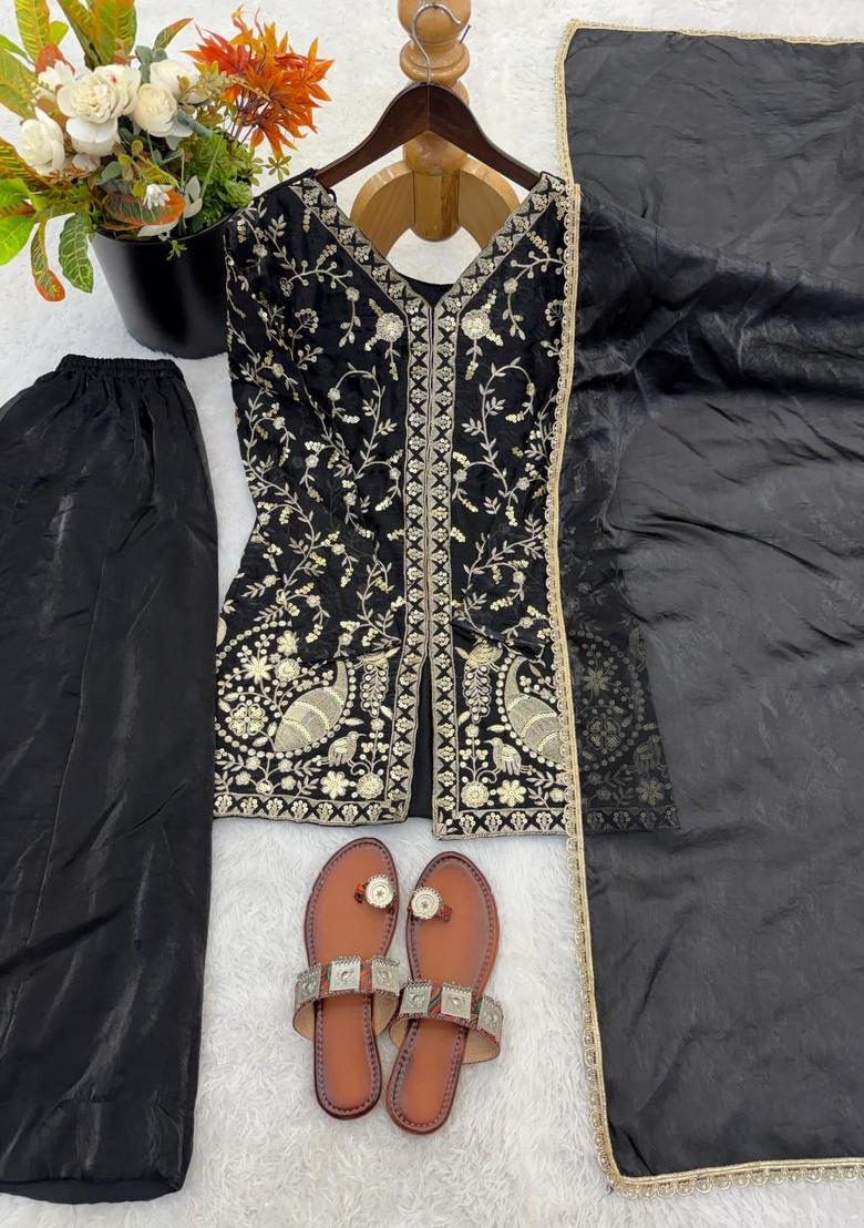 Black Embroidery Silk Kurta Set - Indya