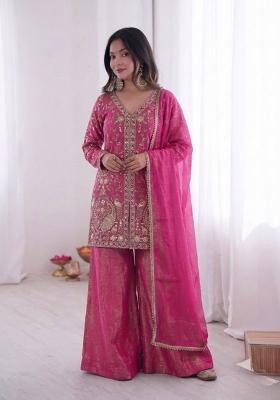 Rani Pink Embroidery Silk Kurta Set