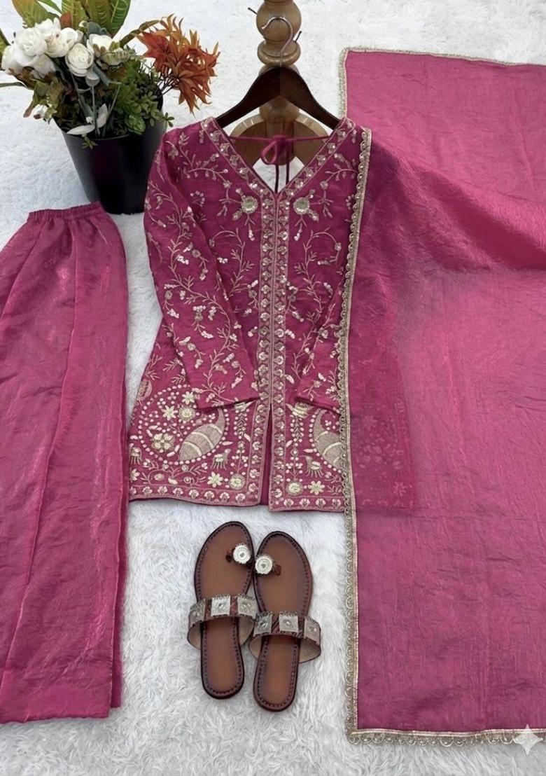 Rani Pink Embroidery Silk Kurta Set - Indya