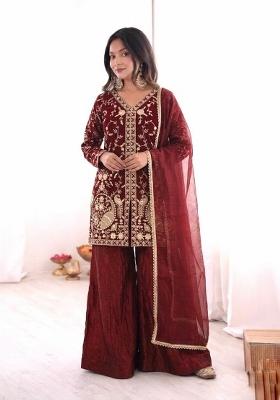 Maroon Embroidery Silk Kurta Set