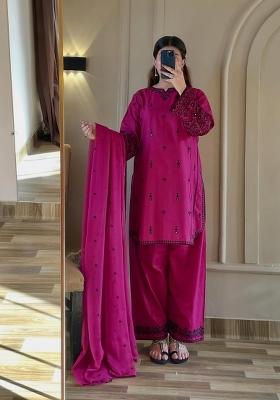 Purple Embroidery Cotton Kurta Set