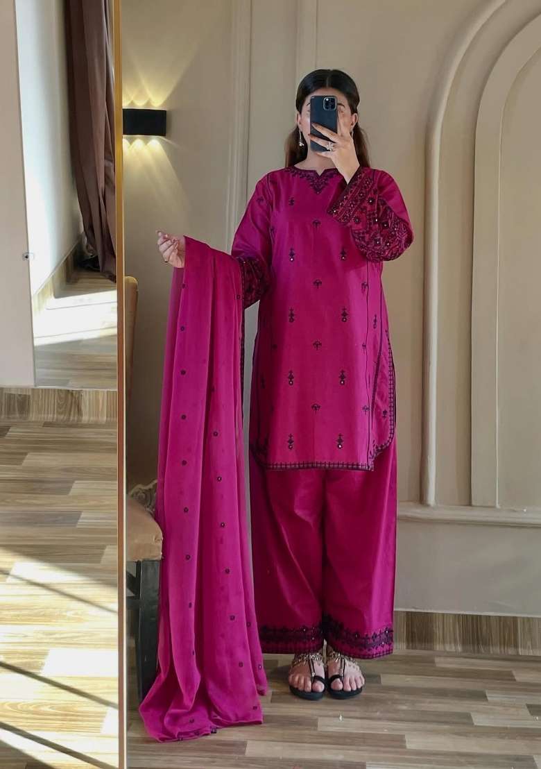 Purple Embroidery Cotton Kurta Set - Indya
