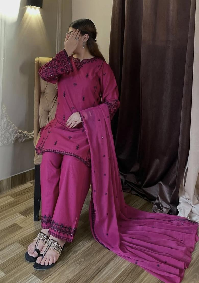 Purple Embroidery Cotton Kurta Set - Indya