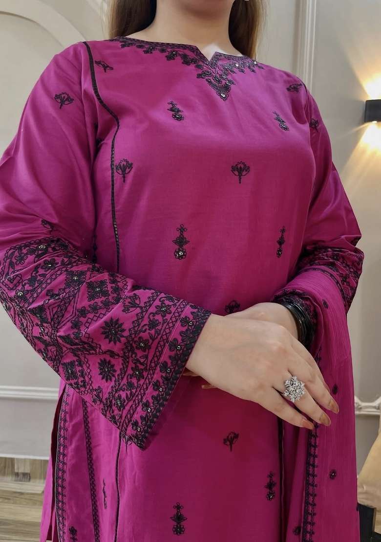 Purple Embroidery Cotton Kurta Set - Indya