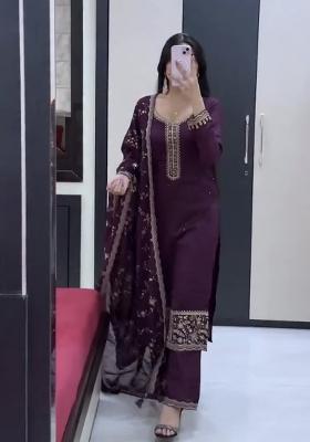 Purple Stone Work Georgette Kurta Set