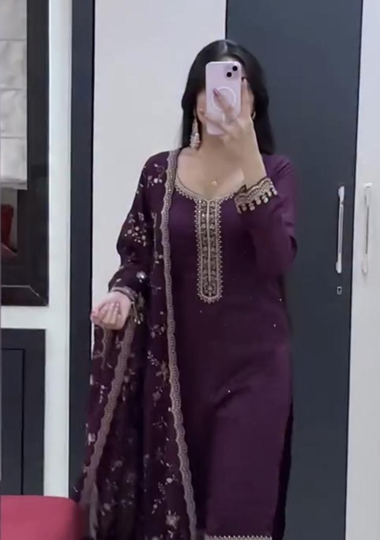Purple Stone Work Georgette Kurta Set - Indya