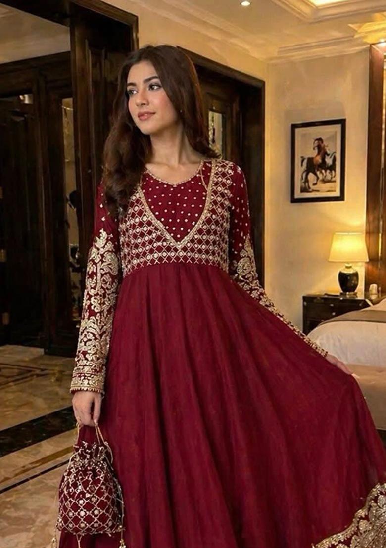 Maroon Embroidery Georgette Anarkali Set - Indya