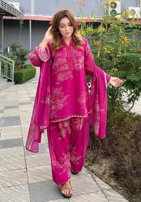 Rani Pink Floral Print Georgette Kurta Set