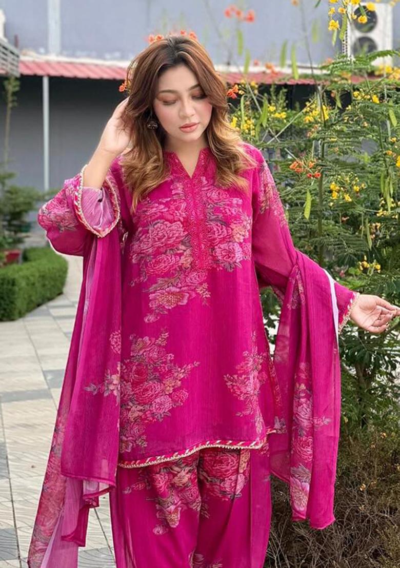 Rani Pink Floral Print Georgette Kurta Set - Indya