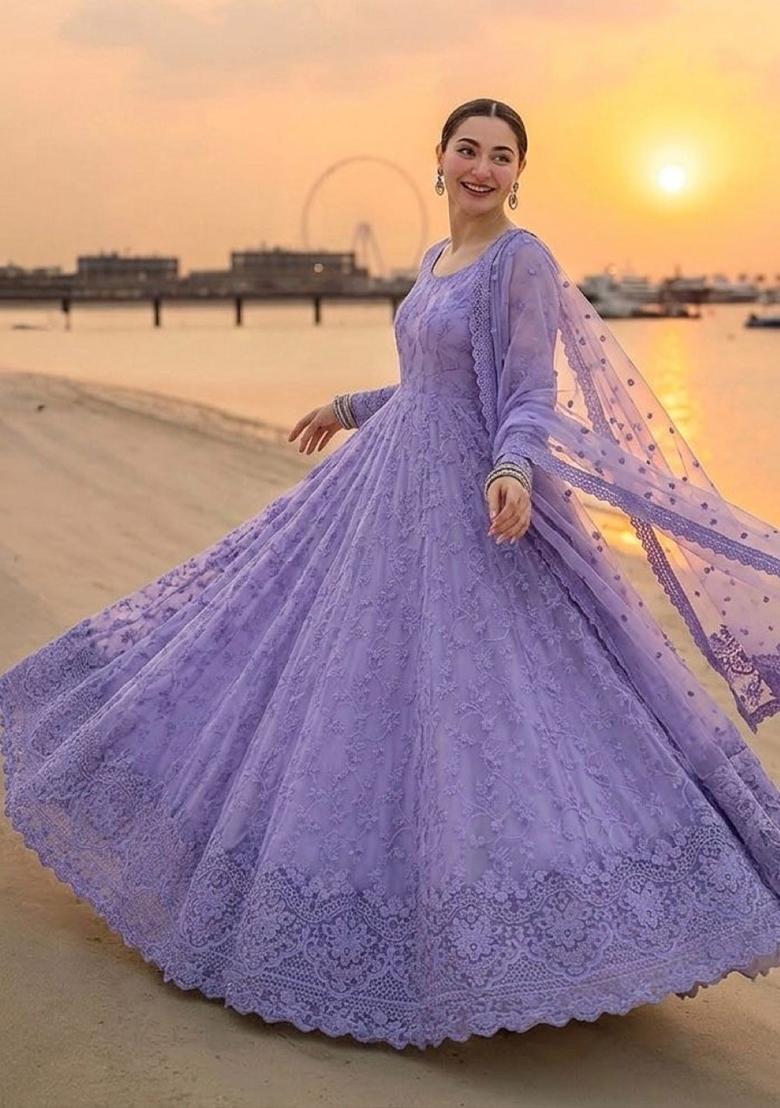 Purple Embroidery Georgette Anarkali With Dupatta - Indya