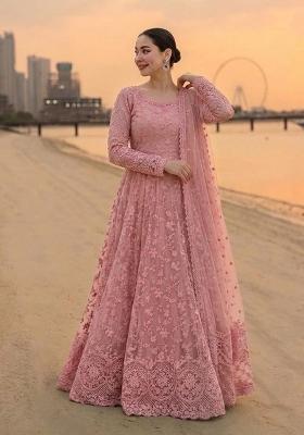 Peach Embroidery Georgette Anarkali With Dupatta