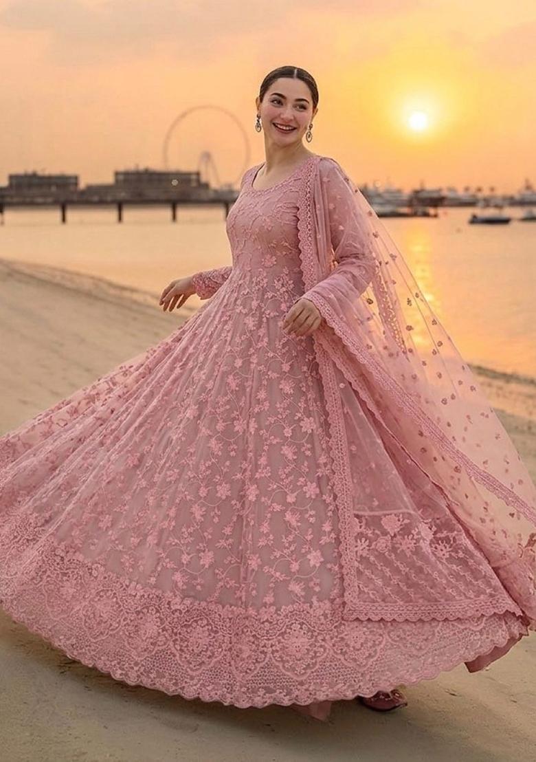 Peach Embroidery Georgette Anarkali With Dupatta - Indya