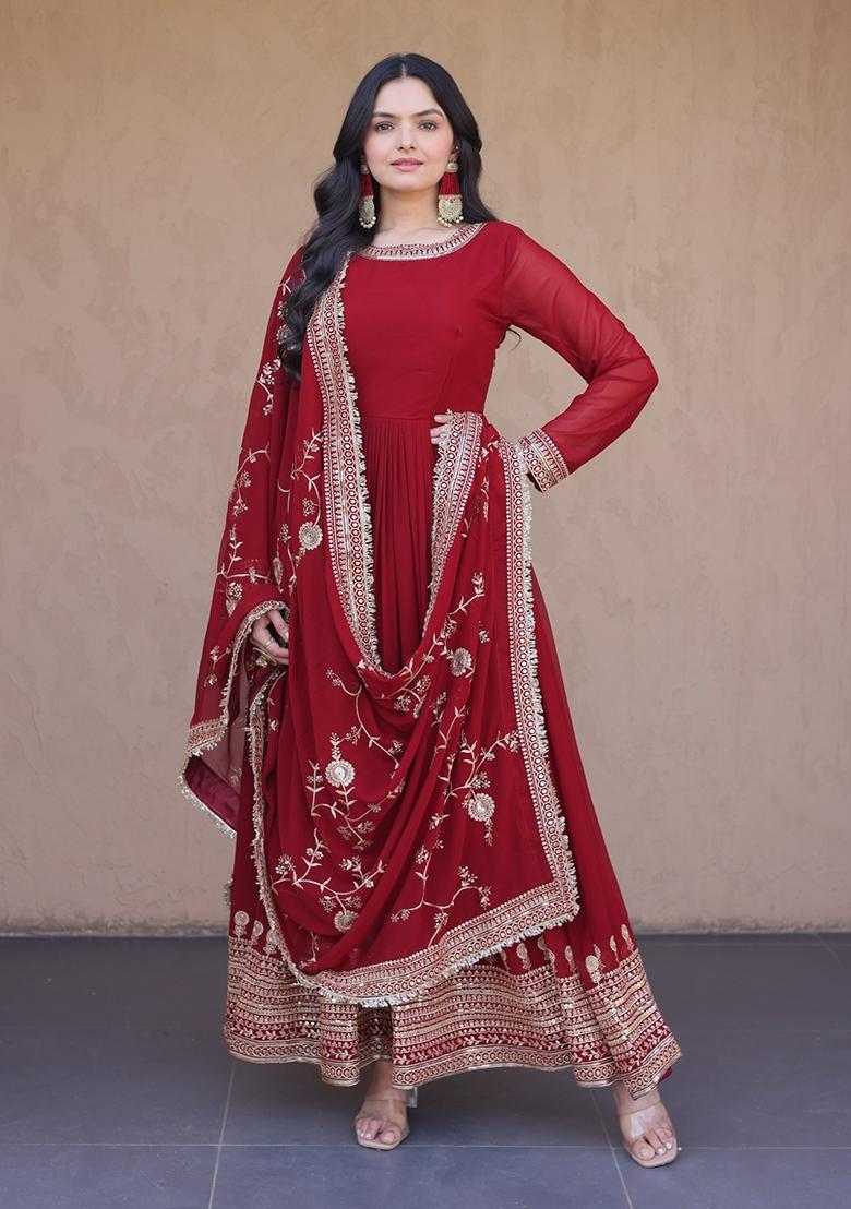 Maroon Embroidery Georgette Anarkali With Dupatta - Indya