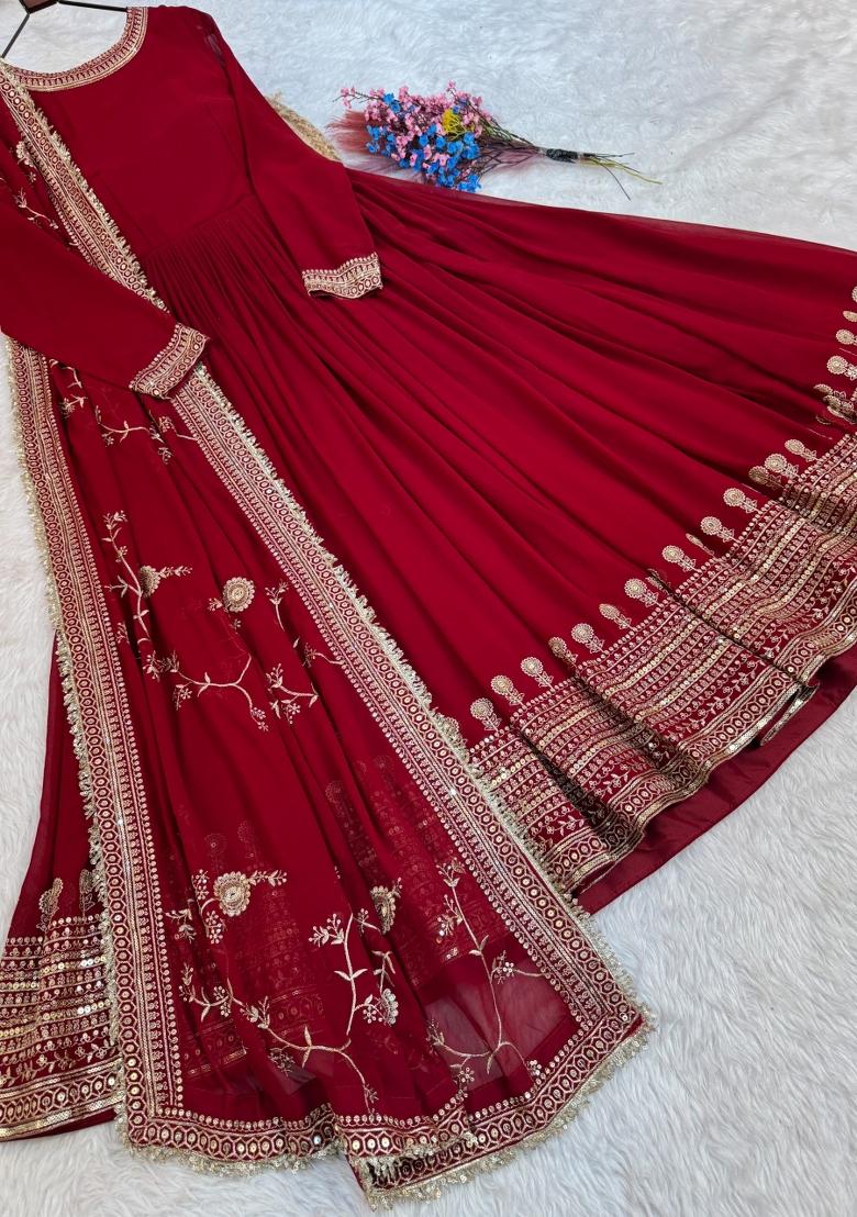 Maroon Embroidery Georgette Anarkali With Dupatta - Indya