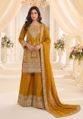 Mustard Embroidery Silk Kurta Set