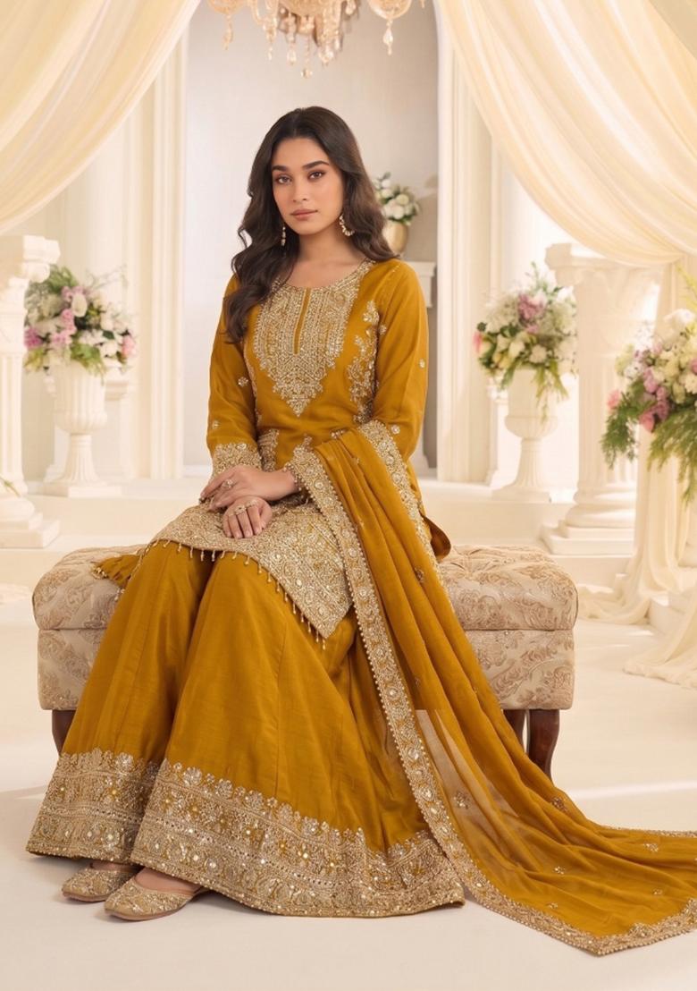 Mustard Embroidery Silk Kurta Set - Indya
