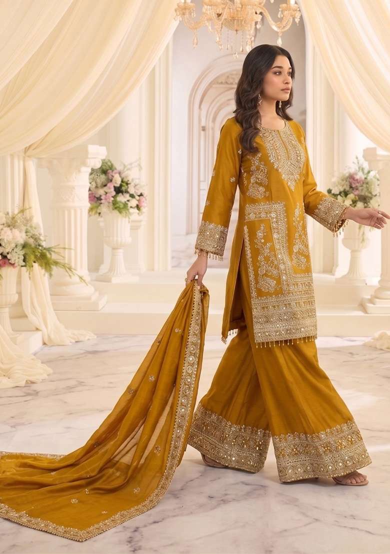 Mustard Embroidery Silk Kurta Set - Indya