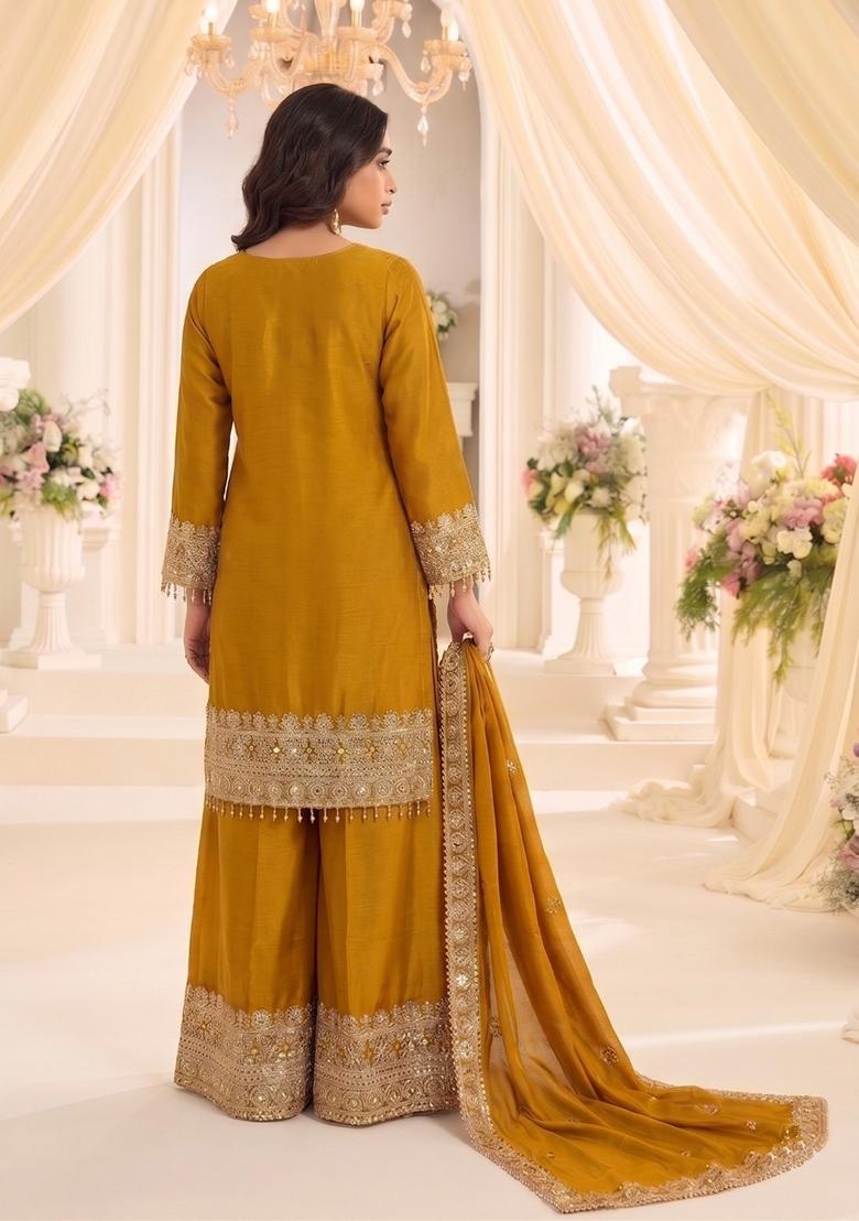 Mustard Embroidery Silk Kurta Set - Indya