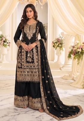 Black Embroidery Silk Kurta Set