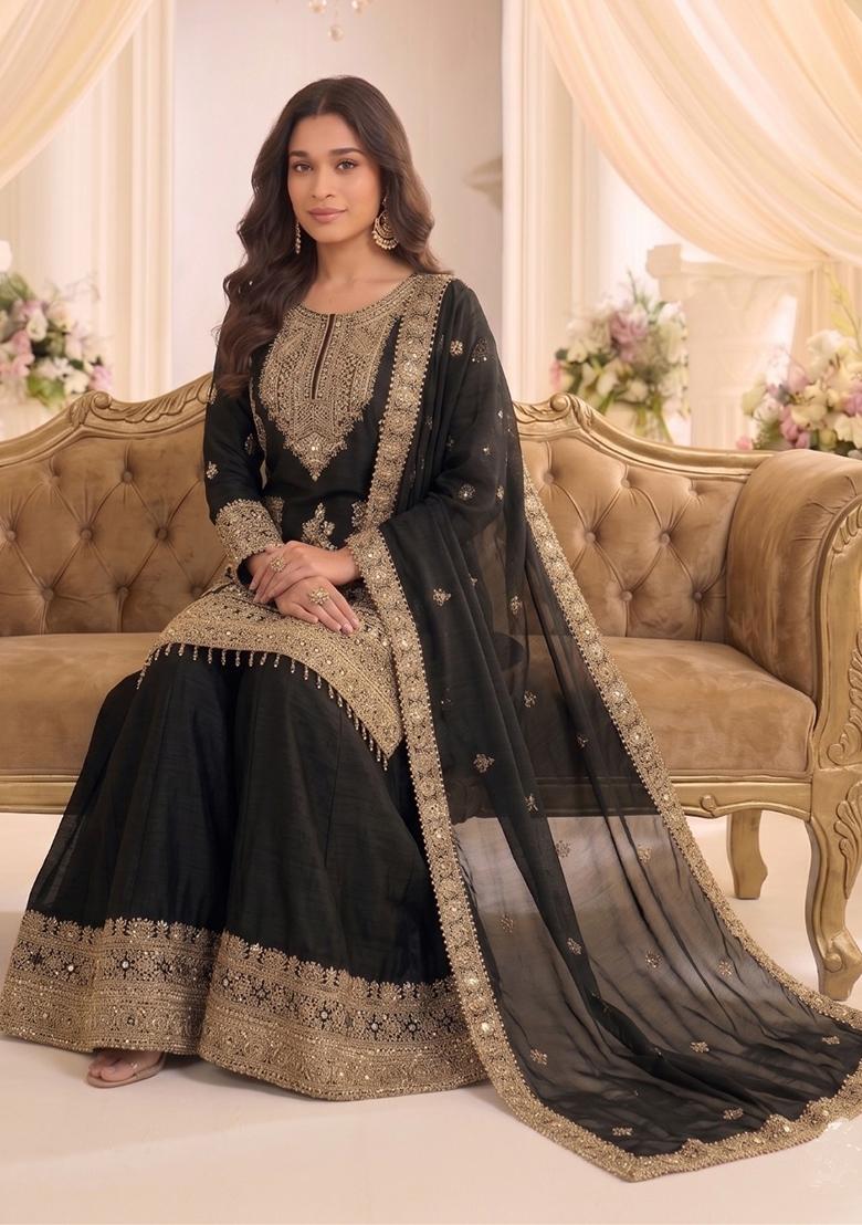 Black Embroidery Silk Kurta Set - Indya