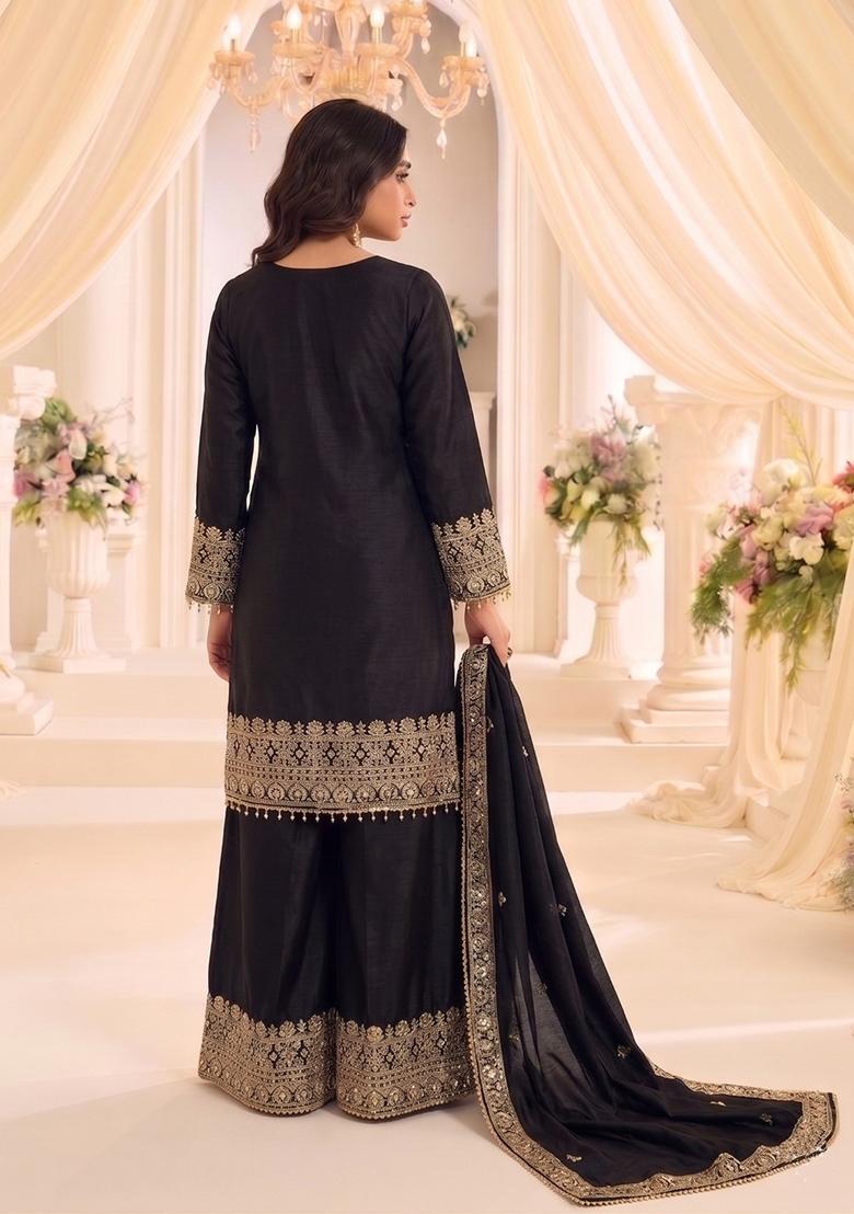 Black Embroidery Silk Kurta Set - Indya