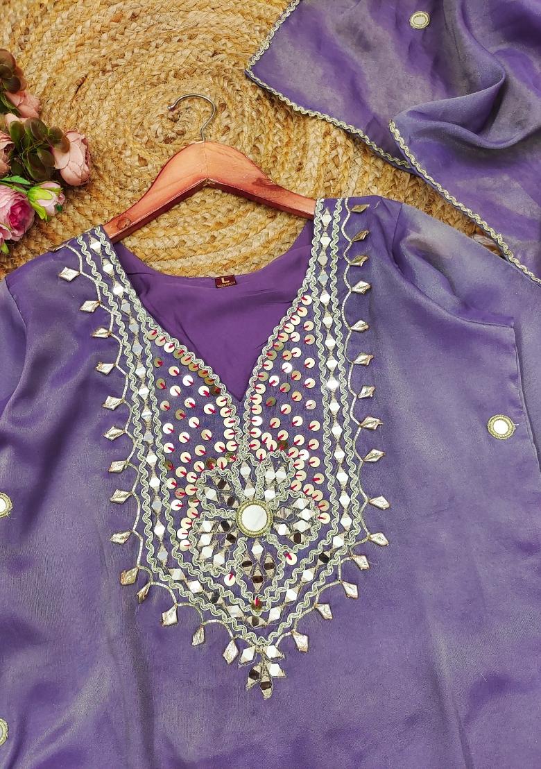 Lavender Mirror Work Silk Kurta Set - Indya