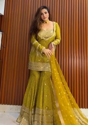 Mustard Embroidery Silk Kurta Set