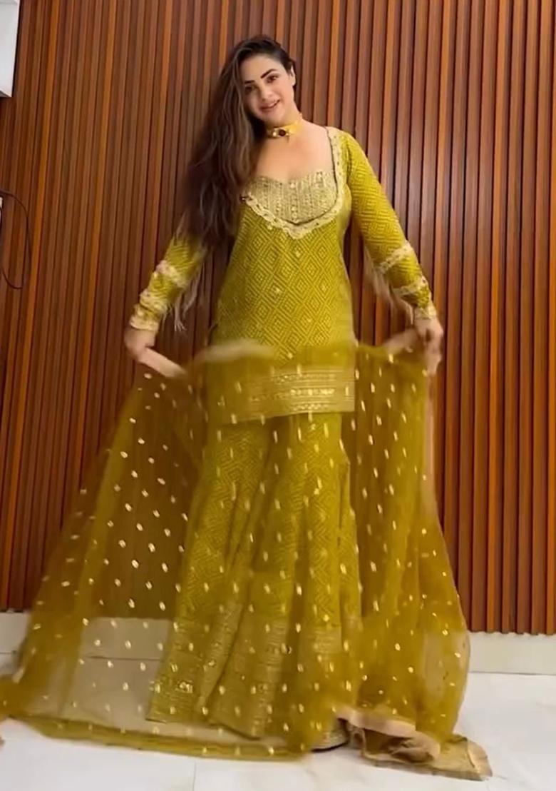 Mustard Embroidery Silk Kurta Set - Indya