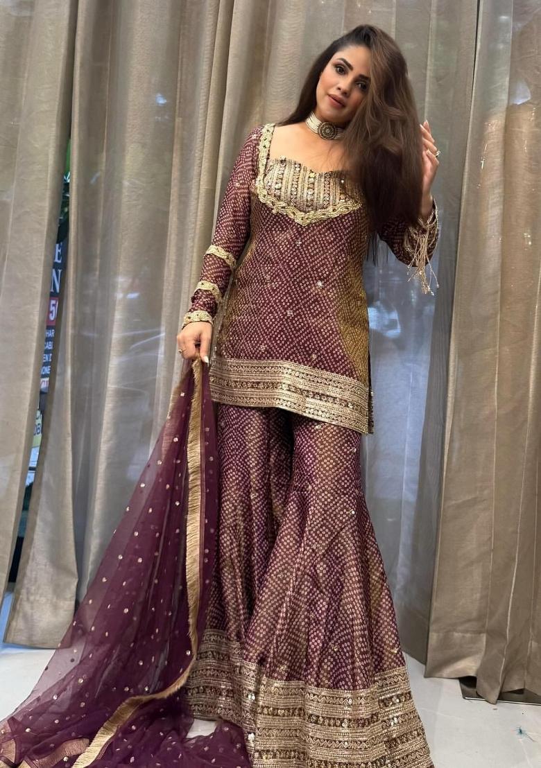 Brown Embroidery Silk Kurta Set - Indya