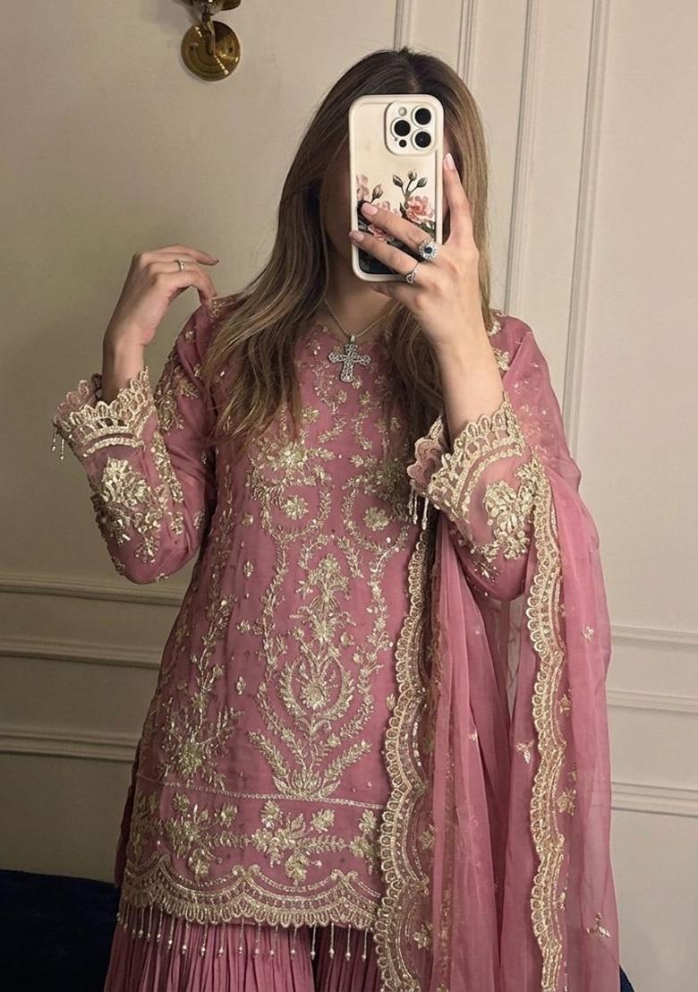 Pink Embroidery Georgette Kurta Set - Indya