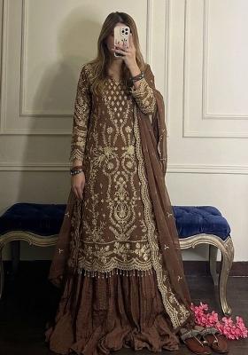 Brown Embroidery Georgette Kurta Set